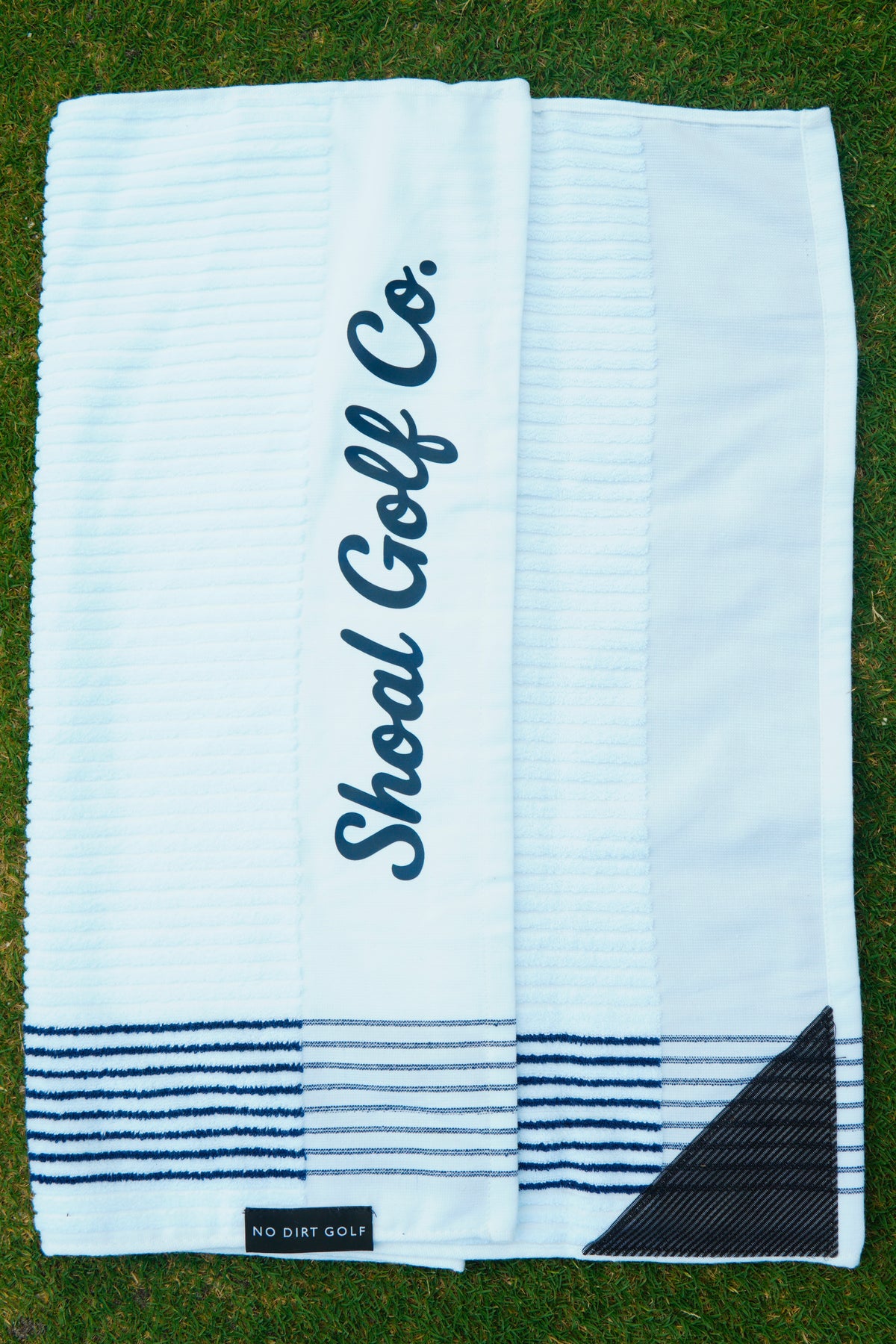 Shoal X No Dirt Caddie Towel White with Navy Stripes