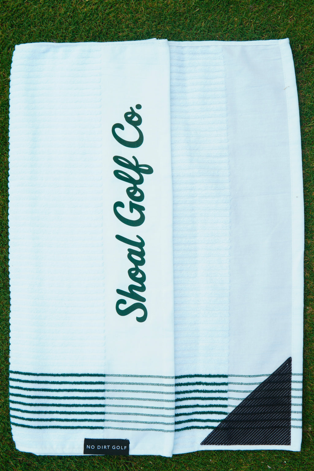 Shoal X No Dirt Caddie Towel White with Green Stripes